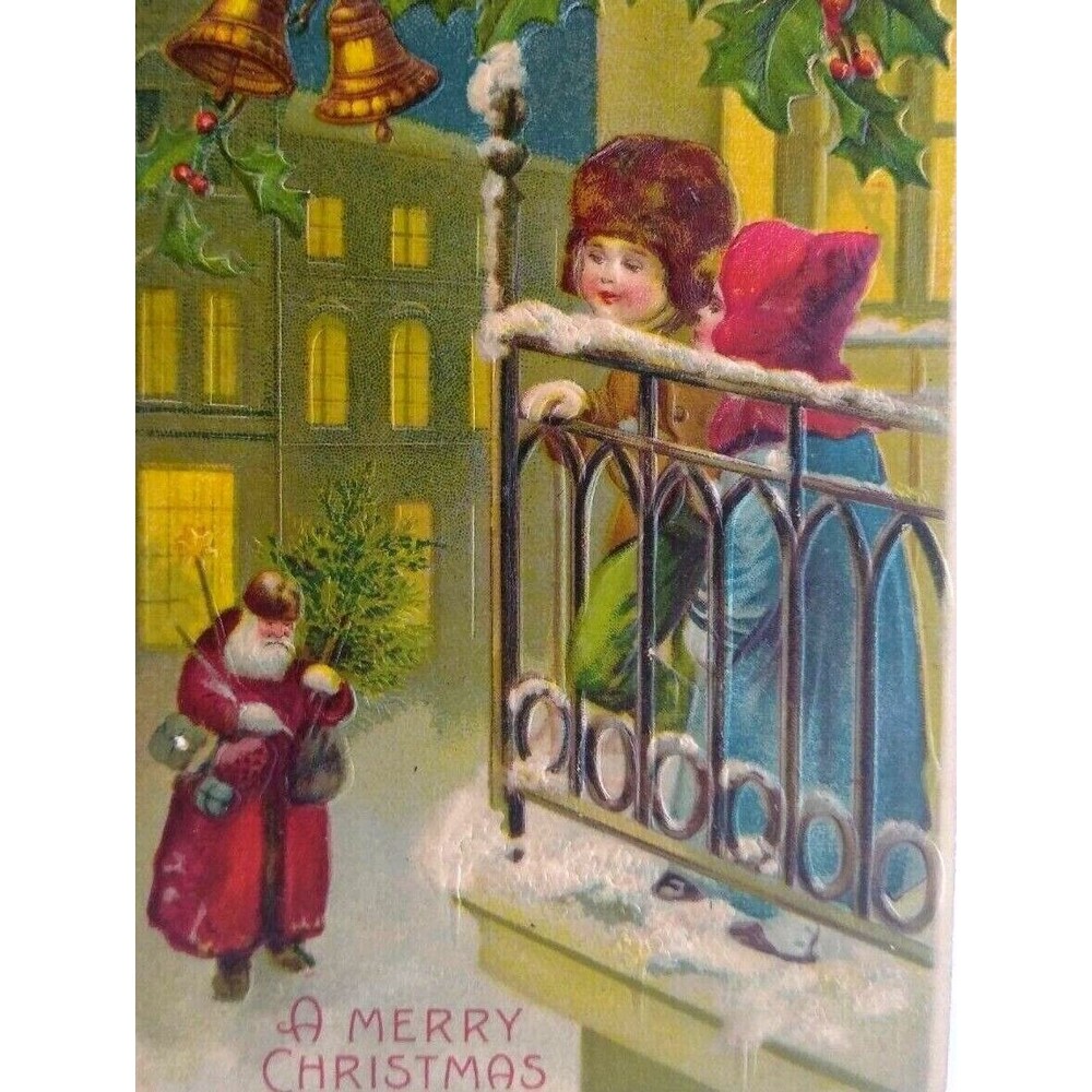 Santa Claus Children On Balcony Christmas Postcard Germany Embossed BW 309